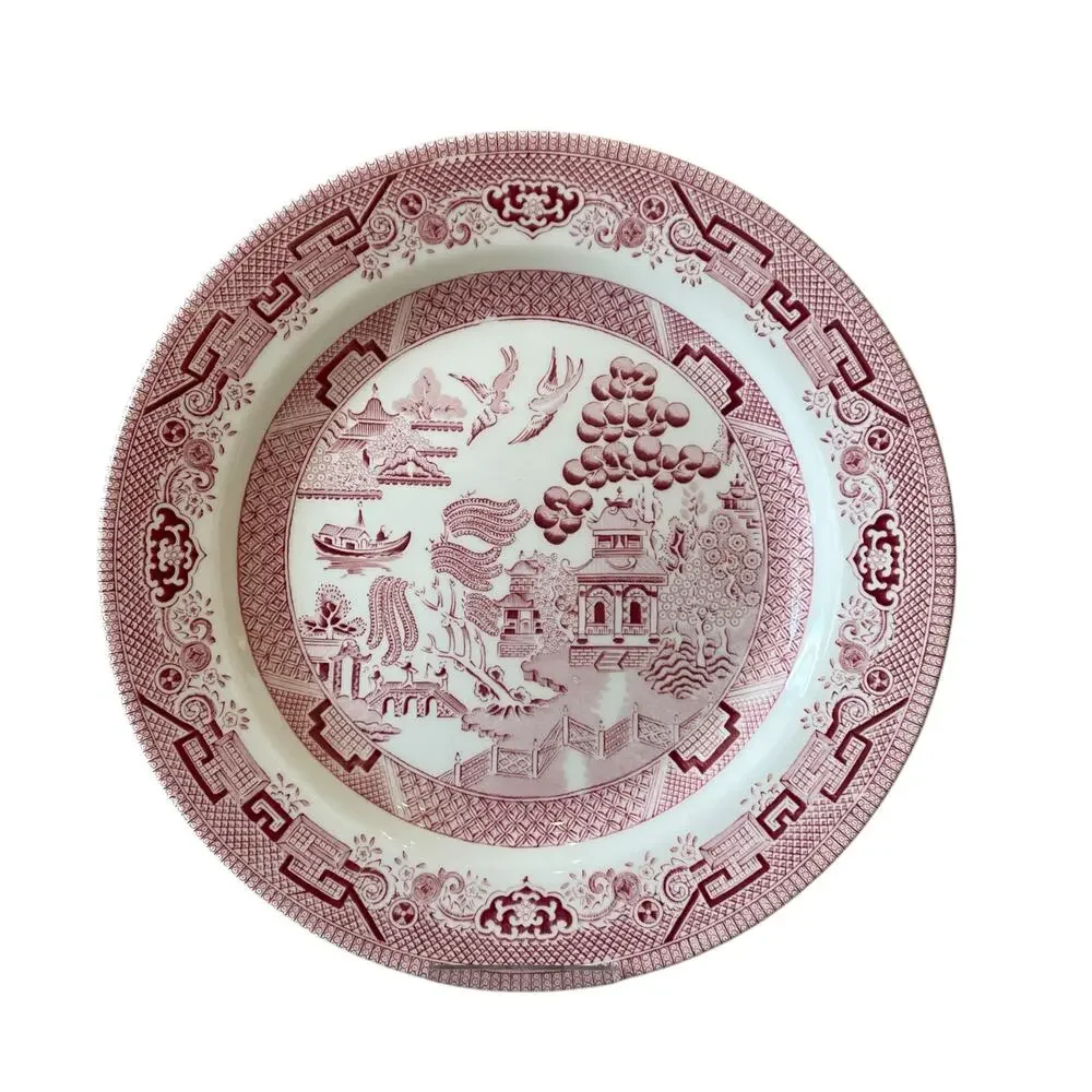 Queen's England WILLOW ROSA Porcelain Dinner Plates 10in Red White Set of 4 New